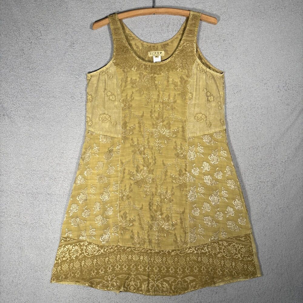 Vintage Citron Santa Monica Dress Size M Gold Rayon Bohemian Y2K Jacquard Fairy